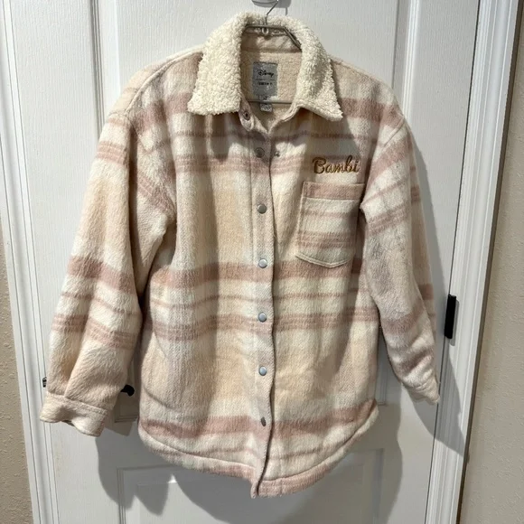 Disney x Forever 21 Cream and Pink Sherpa Bambi Flannel Jacket Sz S.